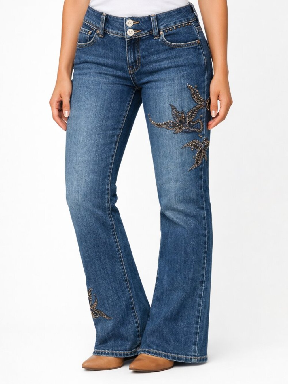 Vintage Y2K Armor Jeans Swallow Bird Embroidered Low Rise Flare Denim - Size 3/4